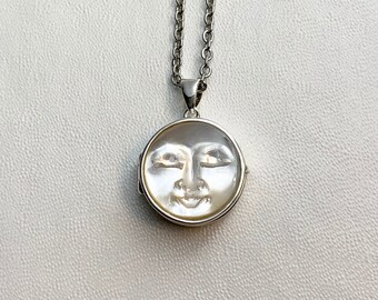 STERLING SILVER LOCKET with Carved Mother of Pearl Sleeping Moon Face cabochon on 16" necklace