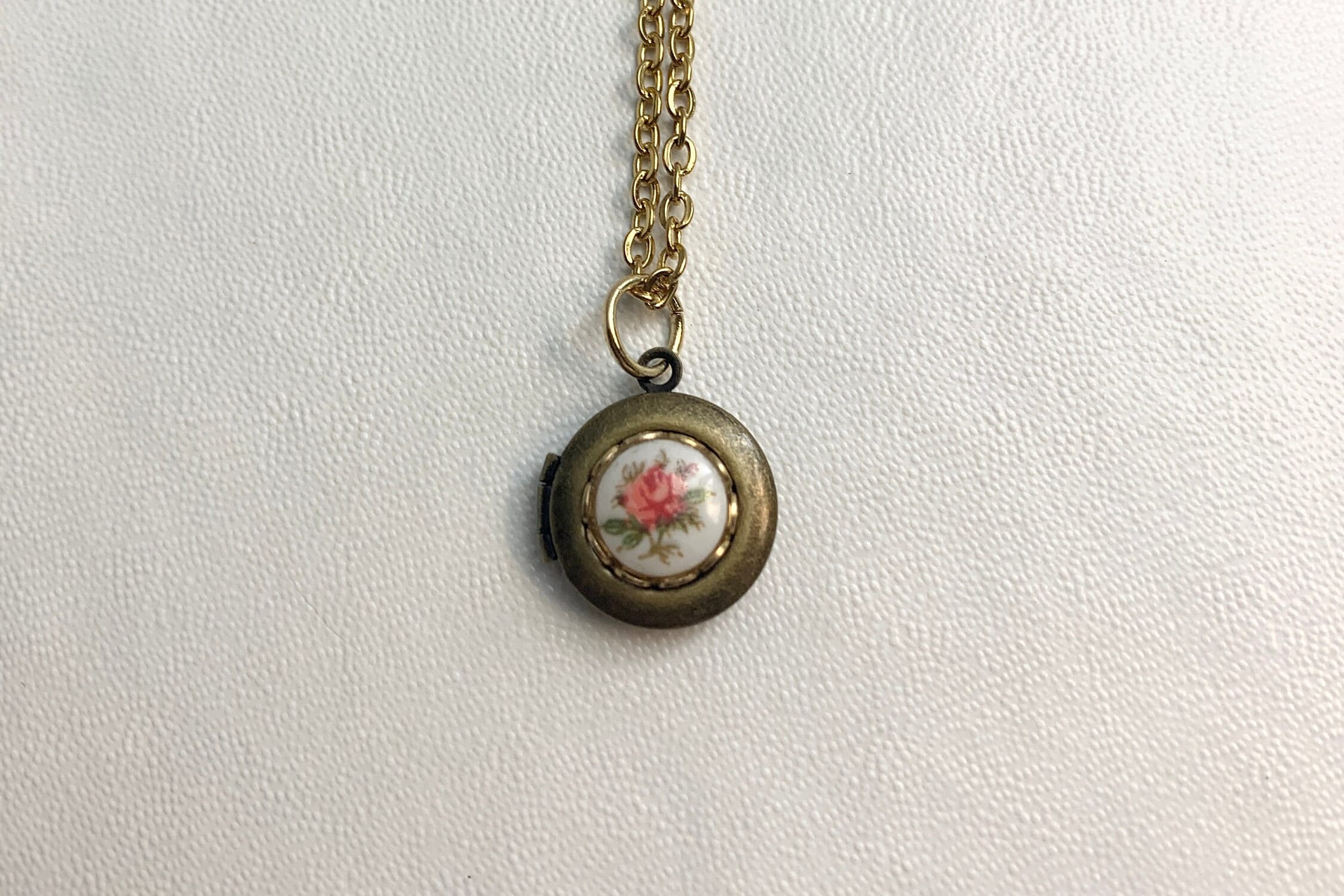 SMALL Antique brass LOCKET with Vintage glass Limoge Sweetheart Pink Rose cabochon on 16" necklace. Perfect for Layering.