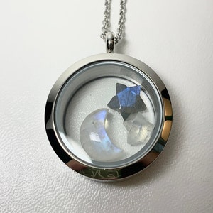 DEEP FLOATING LOCKET stainless steel and glass on 18&quot; necklace with Moonstone moon and star and Labradorite star. For photos, gems, etc.