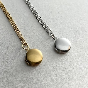 SMALL ROUND LOCKET with satin finish on 16-inch necklace.  Perfect for Layering.