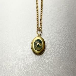 SMALL Antique brass LOCKET with Moss Agate cabochon on 16&quot; necklace.  Perfect for Layering.