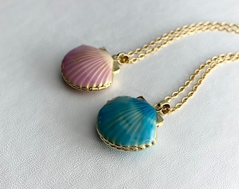 SEASHELL Locket 24K Gold Plated brass on 16" necklace.  Choose Teal or Purple enamel.  For your little mermaid.  Beach ready!