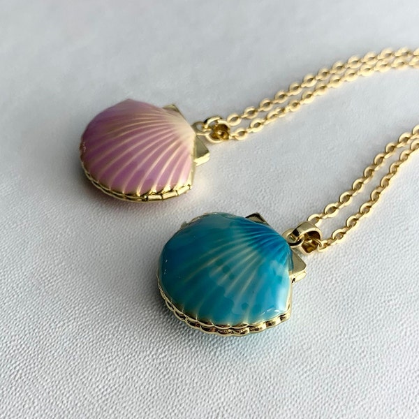 SEASHELL Locket 24K Gold Plated brass on 16" necklace.  Choose Teal or Purple enamel.  For your little mermaid.  Beach ready!