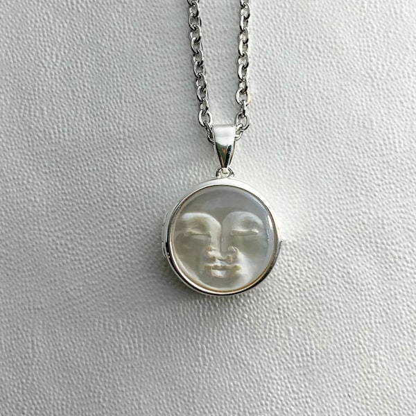 STERLING SILVER LOCKET with Carved Mother of Pearl Sleeping Moon Face cabochon on 16" necklace
