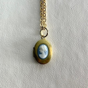 SMALL Antique brass LOCKET with Oval Blue Cameo cabochon on 16" necklace.  Perfect for Layering.