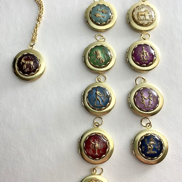 ZODIAC SIGN Brass LOCKET on 18"necklace.  Brass locket with Vintage zodiac glass cabochon. Astrology, Dates in description.