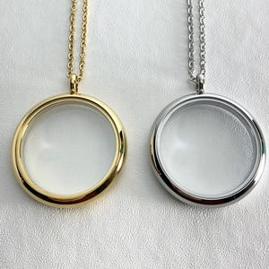 NEW Style Stainless Steel Glass PHOTO FLOATING Locket on 24&quot; chain.  Choose Gold or Silver.  For your memories, photos, hair, press flowers.