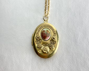 VINTAGE Style Brass Oval Photo Locket with Stamped Rose design and Vintage Victorian Scene cabochon on 18" necklace.