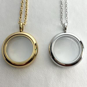 NEW Style Stainless Steel Glass PHOTO FLOATING Locket on 18&quot; chain.  Choose Gold or Silver.  For your memories, photos, hair, press flowers.