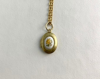 SMALL Antique brass LOCKET with Vintage Oval glass yellow rose cabochon on 16" necklace.  Perfect for Layering.