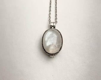 LARGE STERLING SILVER Vintage Style Box Locket with Moonstone cabochon on 18&quot; necklace. For pills, small mementos, keepsakes