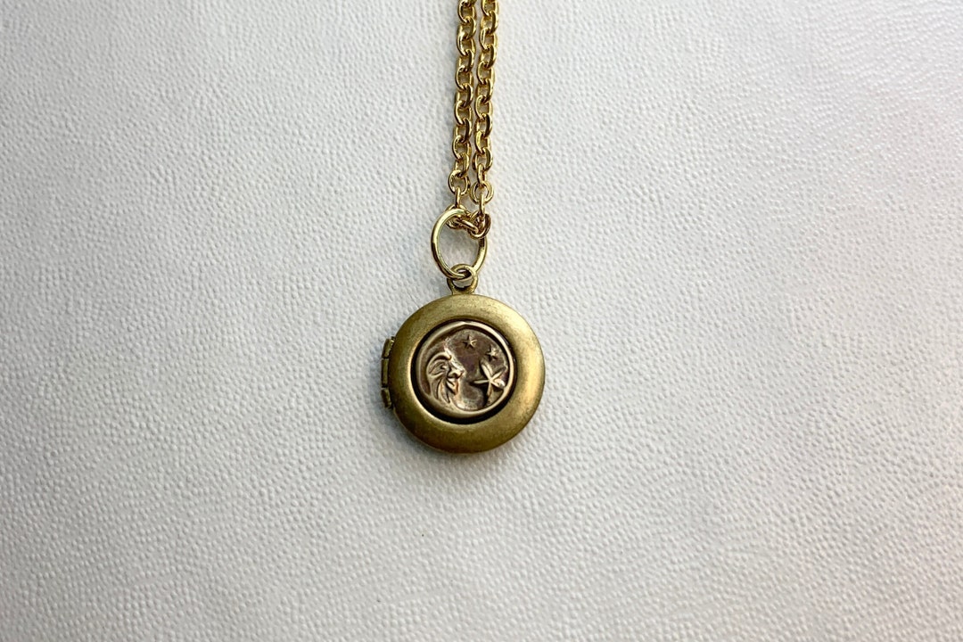 SMALL Antique Brass LOCKET With Stamped Brass Moon and Stars on 16 ...