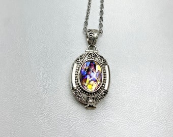 STERLING SILVER Vintage Style Box Locket with Vintage Czech glass fire opal cabochon on 18" necklace. For pills, small mementos, hair.