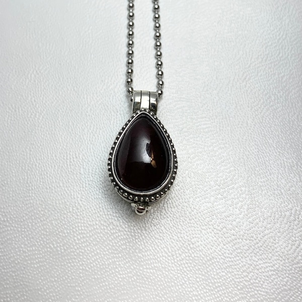 STERLING SILVER Vintage Style Box Locket with Dark Red Garnet on 24" necklace. For pills, small mementos, keepsakes