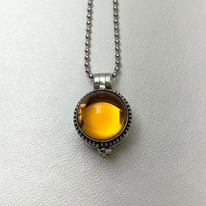 STERLING SILVER Vintage Style Box Locket with Vintage Yellow Czech glass cabochon on 24" necklace.