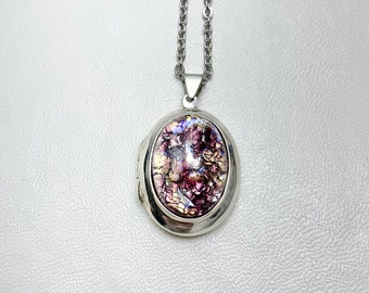 STERLING SILVER Locket with Vintage Czech Glass Fire Opal cabochon on 18" necklace.