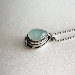 The BABY Raindrop Locket.  STERLING SILVER Vintage Style Box Locket with Aqua Chalcedony on 24" necklace. For pills,small mementos,keepsakes