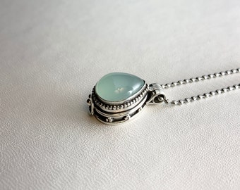 The BABY Raindrop Locket.  STERLING SILVER Vintage Style Box Locket with Aqua Chalcedony on 24" necklace. For pills,small mementos,keepsakes