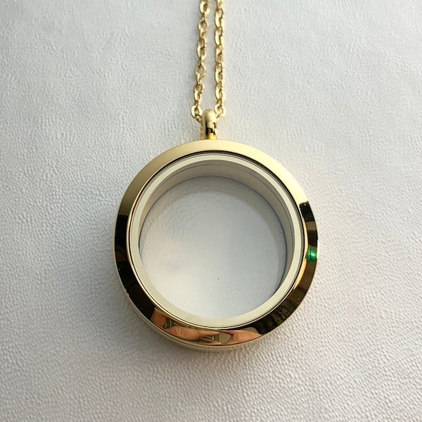 Gold FLOATING LOCKET necklace stainless steel and glass on 18" necklace. For all of your memories, small mementos, hair, gems, sand, shells.