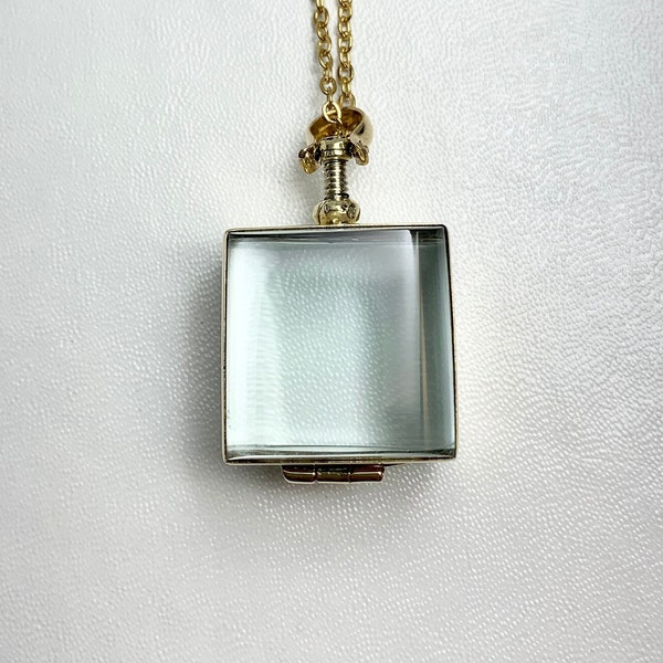 DEEP Antique style Brass and glass Photo or Floating Locket on 18" necklace. For photos, small mementos, hair.