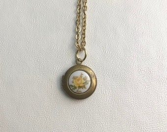 SMALL Antique brass LOCKET with vintage glass Yellow rose cabochon on 16" necklace.  Perfect for Layering.