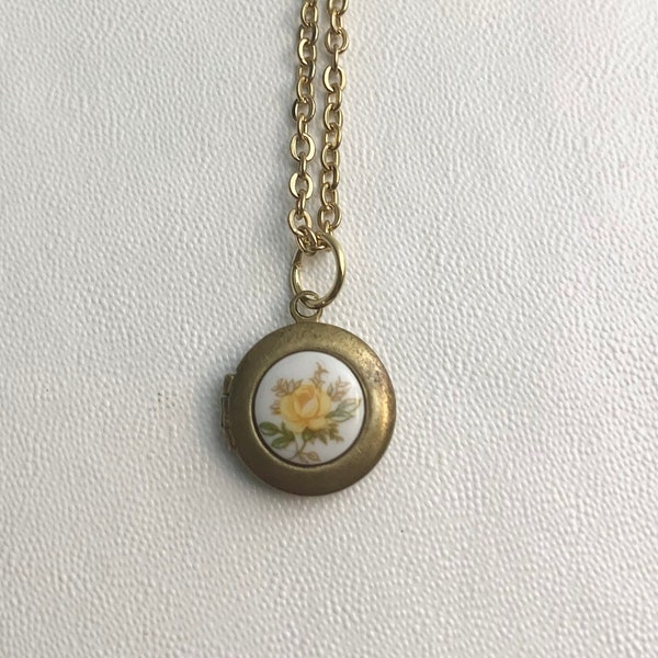 SMALL Antique brass LOCKET with vintage glass Yellow rose cabochon on 16" necklace.  Perfect for Layering.