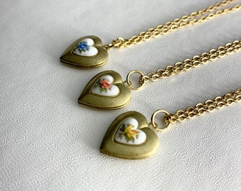 SMALL Antique Sweetheart LOCKET with vintage glass heart Limoge rose cabochon on 16" necklace.  CHOOSE Blue, Pink, or Yellow Rose.