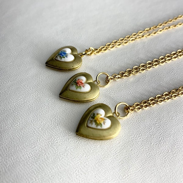 SMALL Antique Sweetheart LOCKET with vintage glass heart Limoge rose cabochon on 16" necklace.  CHOOSE Blue, Pink, or Yellow Rose.