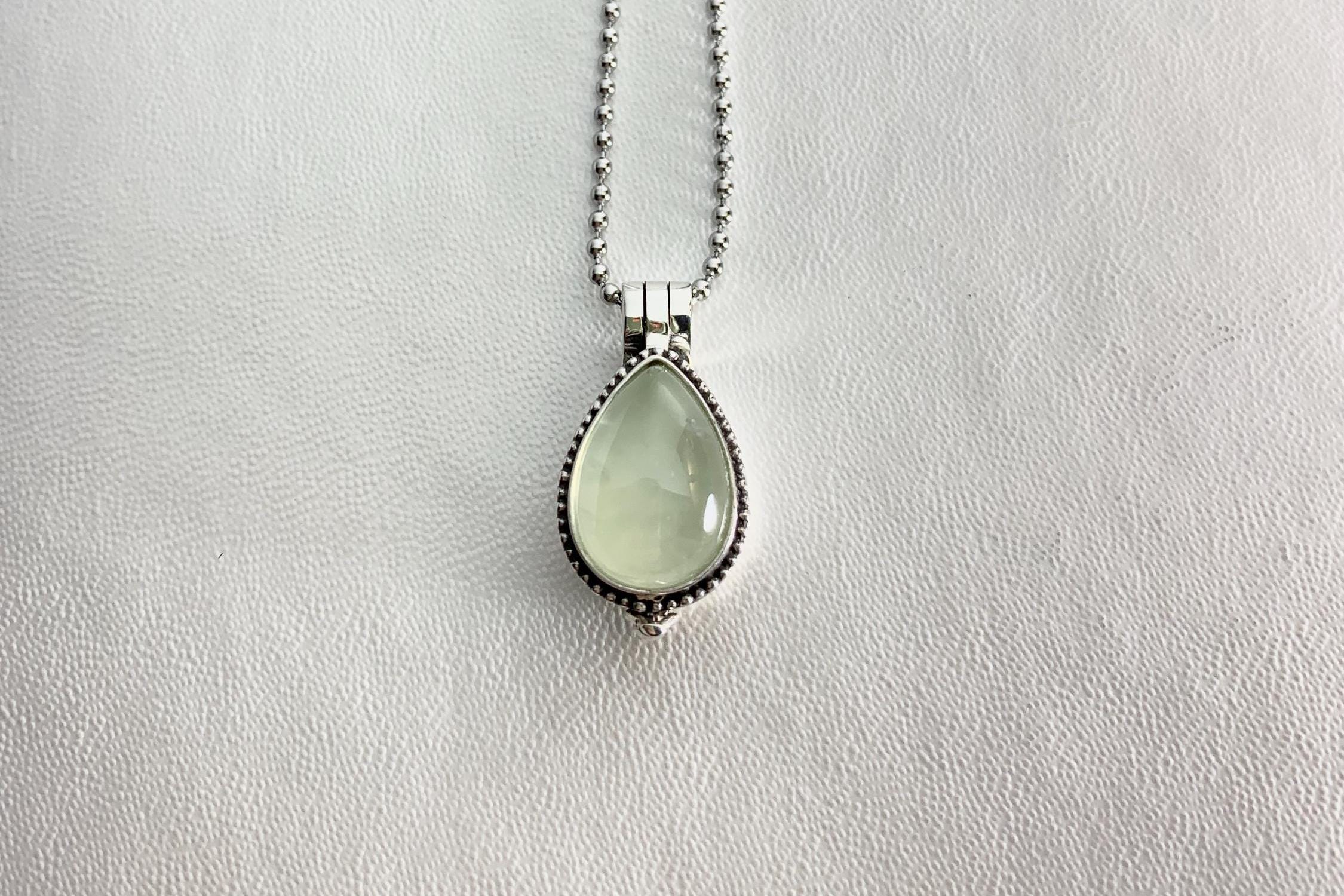STERLING SILVER Vintage Style Box Locket with Prehnite cabochon on 24" necklace. For pills, small mementos, keepsakes