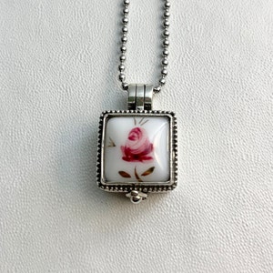 STERLING SILVER Vintage Style Box Locket with Vintage porcelain hand painted pink rose cabochon on 24"necklace. For pills,photos,keepsakes