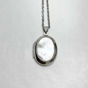 STERLING SILVER LOCKET with mother of pearl cabochon on 18" necklace.  For Mother's Day. For Every day.