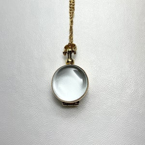 MINI Deep Antique style Brass and glass Photo or Floating Locket on 18&quot; necklace. For photos, small mementos, hair.