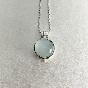 STERLING SILVER Vintage Style Box Locket with natural Aqua Chalcedony stone cabochon on 24" necklace.