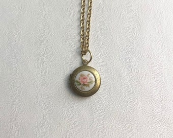 SMALL Antique brass LOCKET with vintage glass Pink rose cabochon on 16" necklace.  Perfect for Layering.