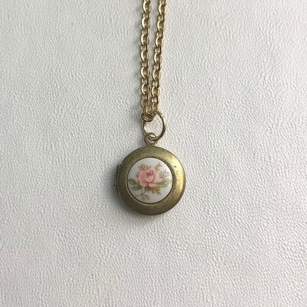 SMALL Antique brass LOCKET with vintage glass Pink rose cabochon on 16" necklace.  Perfect for Layering.