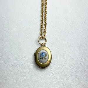SMALL Antique brass LOCKET with Vintage Oval glass Blue rose cabochon on 16" necklace.  Perfect for Layering.
