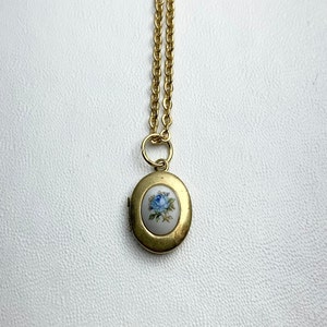 SMALL Antique brass LOCKET with Vintage Oval glass Blue rose cabochon on 16&quot; necklace.  Perfect for Layering.