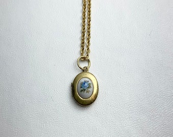 SMALL Antique brass LOCKET with Vintage Oval glass Blue rose cabochon on 16" necklace.  Perfect for Layering.