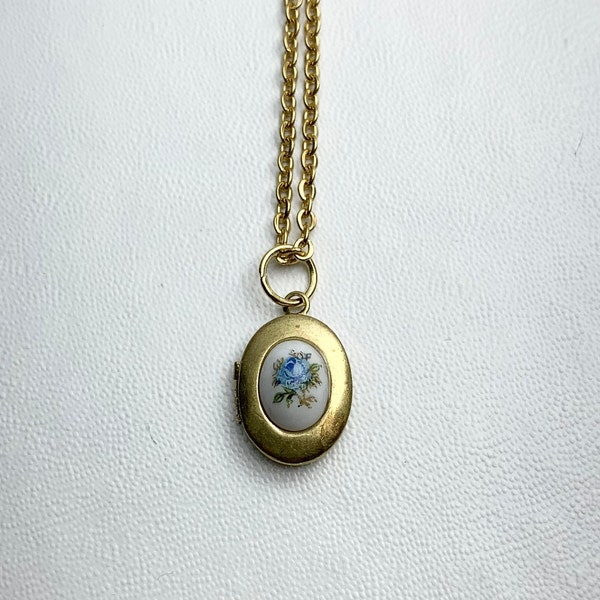 SMALL Antique brass LOCKET with Vintage Oval glass Blue rose cabochon on 16" necklace.  Perfect for Layering.