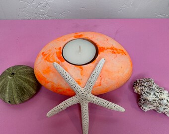 Orange marbled Tealight Holder, Matte Stone Candle Holder, Layered Tea Light Candle Holder, Cute Candle Base, Small Candle Decoration