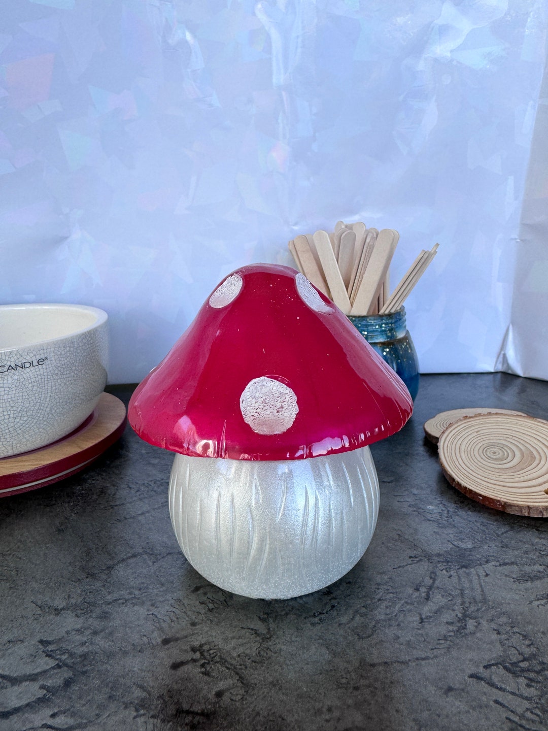 Toadstool Magic Mushroom Jar in White and Red Resin, Trinket Jar