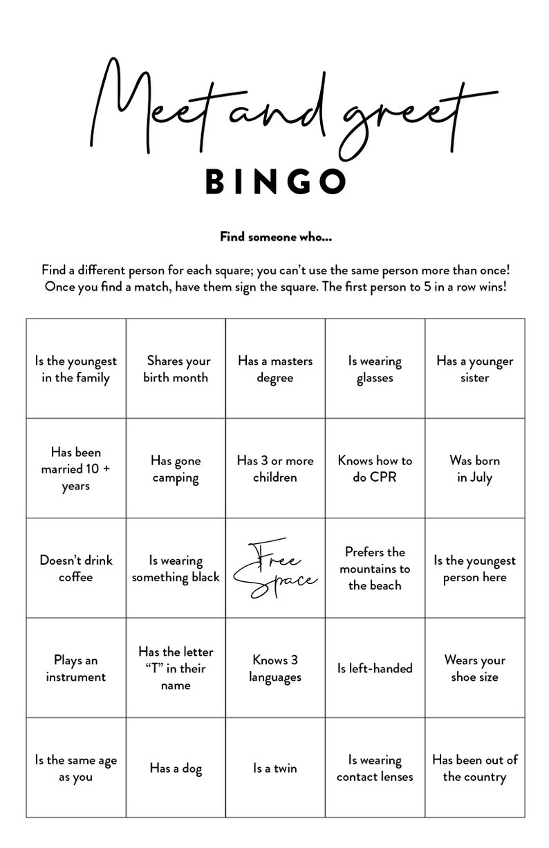 Meet and Greet Bingo Party Icebreaker Game Digital Download Etsy