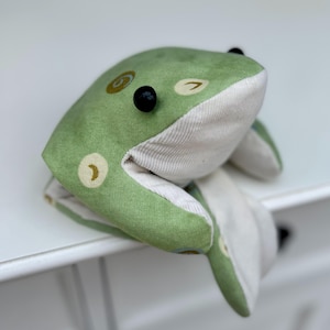 May include: A green plush frog toy with white fabric on the belly and black eyes. The frog has a pattern of brown and yellow swirls and crescent shapes.