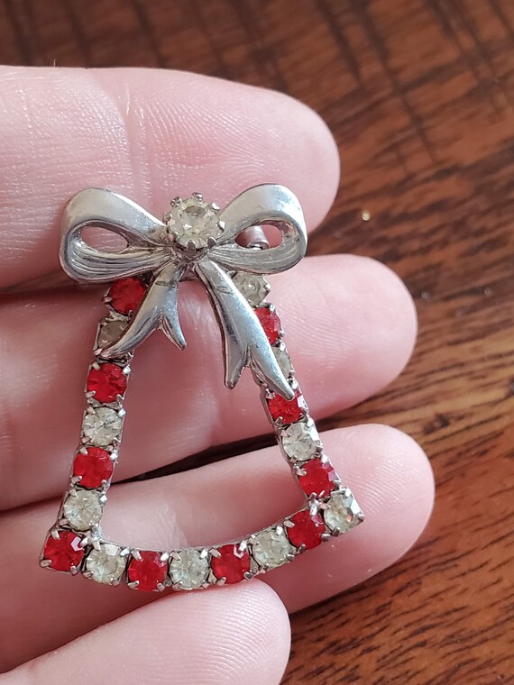 Vintage Red and White CZ Christmas Bell Brooch Pe… - image 2