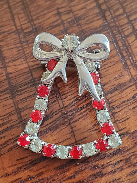 Vintage Red and White CZ Christmas Bell Brooch Pe… - image 1
