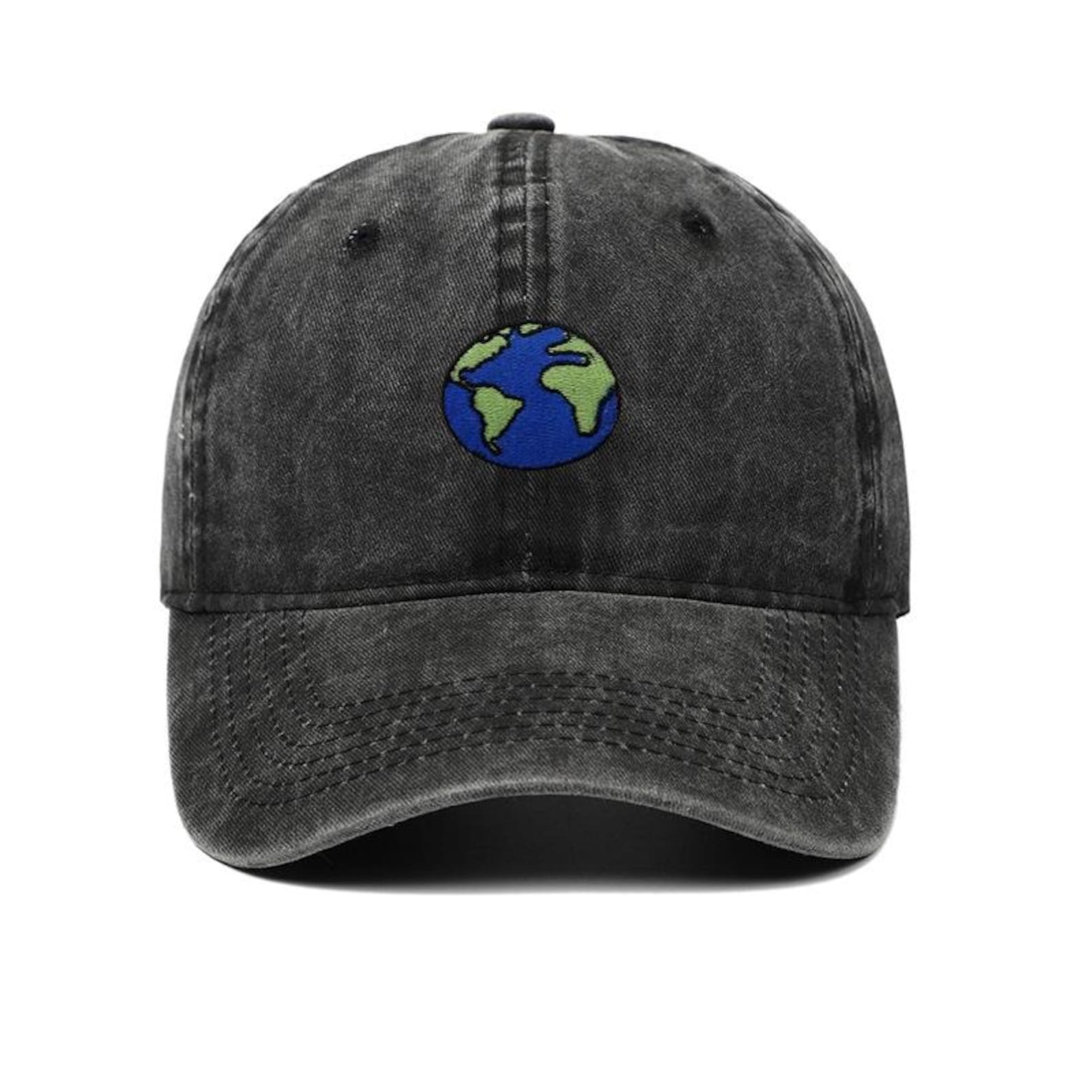 Vintage Washed Earth Embroidered Baseball Cap, World Globe Dad Hat
