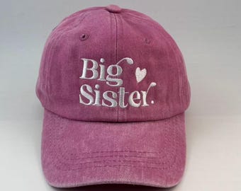 Kids Washed Baseball Cap, Embroidered Big Sister Heart, Toddler Sibling Announcement