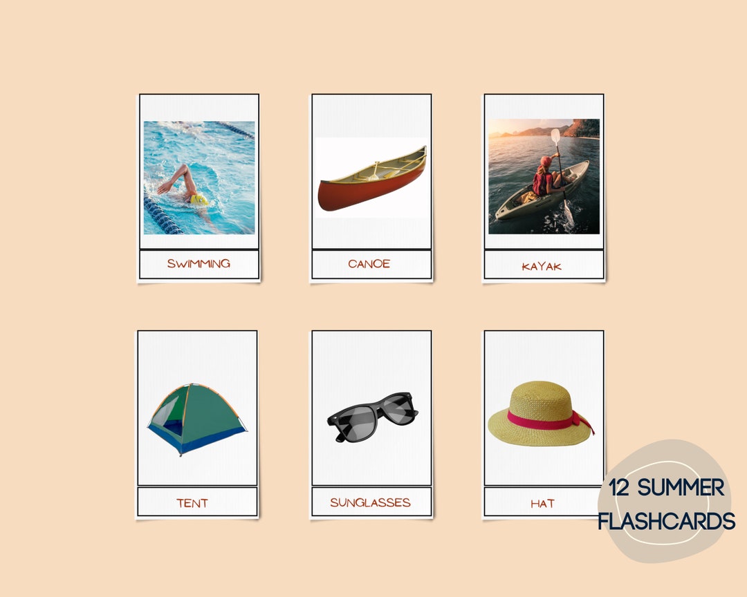 Summer Flash Cards, Summer Nomenclature, Montessori, Preschool