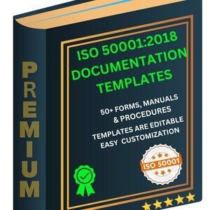 Può includere: Un libro blu scuro con lettere dorate intitolato "ISO 50001:2018 Modelli di documentazione". Il libro ha un adesivo verde con un segno di spunta e una valutazione a cinque stelle dorate. Il testo sul libro dice "50+ moduli, manuali e procedure. I modelli sono modificabili. Facile personalizzazione. Premium."