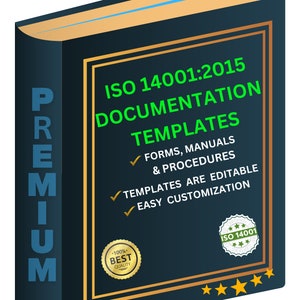 Op de afbeelding: Een blauw boek met een gouden rand en de tekst "ISO 14001:2015 Documentation Templates" in groen. Het boek heeft een gouden zegel met de tekst "100% Best Quality" en een gouden zegel met de tekst "ISO 14001". Het boek heeft ook vijf gouden sterren onderaan.